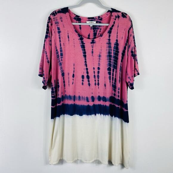 Umgee Dresses & Skirts - Umgee Size Small Tie Dye Short Sleeve Mini Tunic T-Shirt Dress Pink Cotton Blend